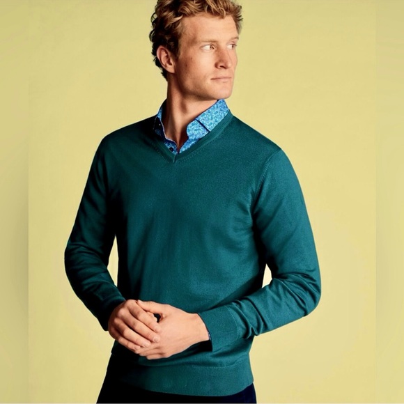 Brooks Brothers Dark Teal Green V-Neck Saxxon Wool Sweater
